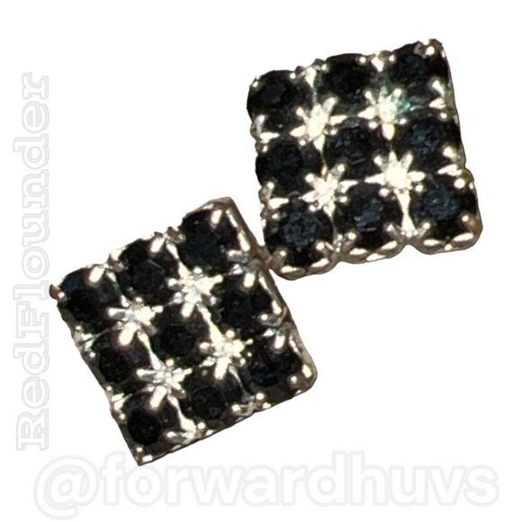 Silver Tone Square Earrings with Dark Blue & Clear Rhinestone - Picture 3 of 9